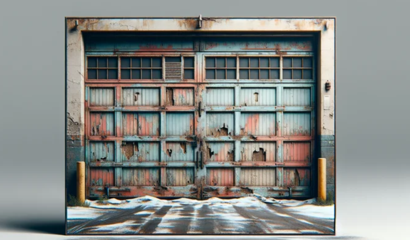 Bright red roller shutter garage door on industrial building exterior.